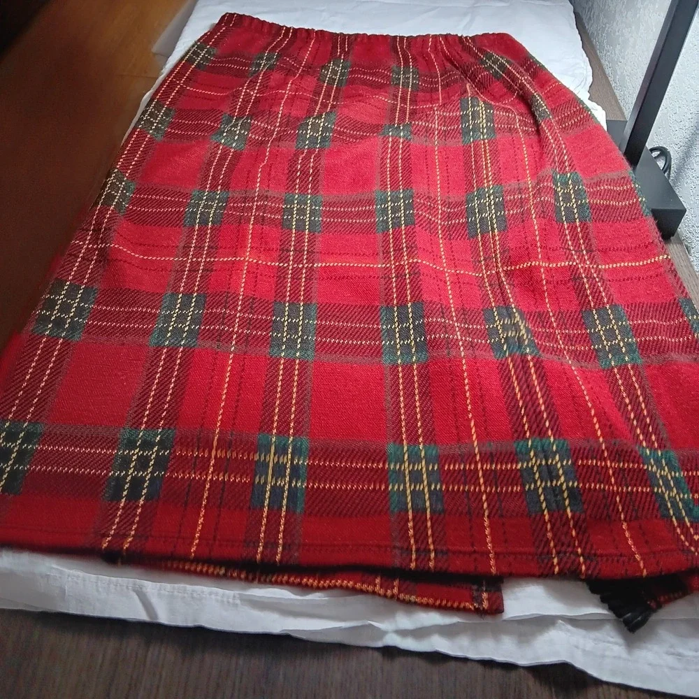 Nina Leonard Skirt Sz L Scottish Plaid Costume Elastic Fringe Midi Slit EUC
